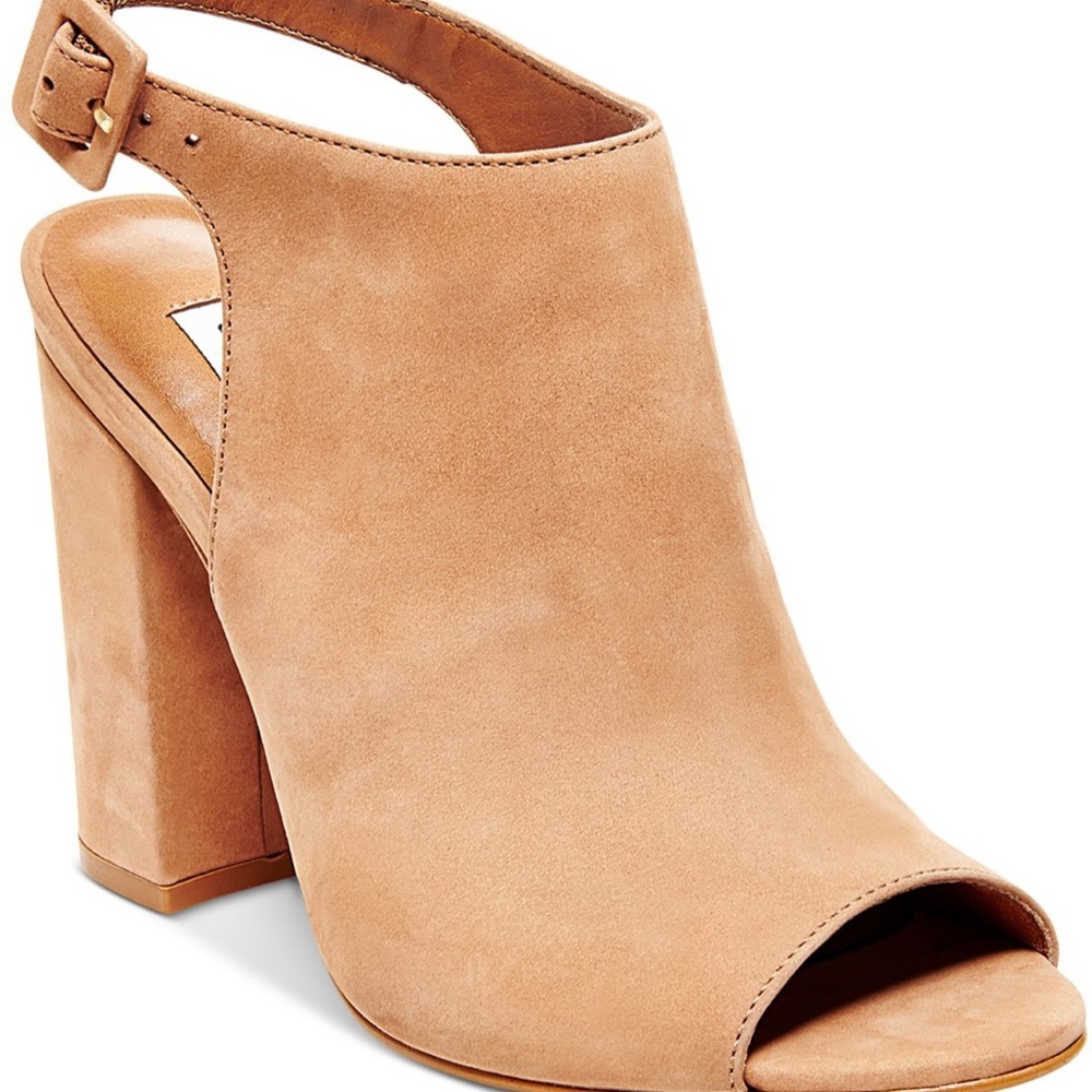 Steve Madden women Brown Callvin Camel Nubuck size 7.5 Open Toe Block Heel Pumps